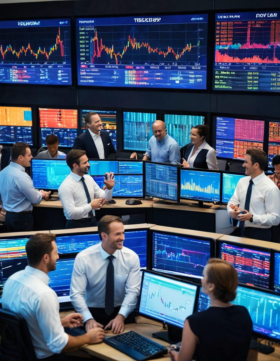 A vibrant and dynamic scene of a diverse group of traders joyfully engaging in discussions and trading at a high-tech trading floor, surrounded by colorful screens displaying market trends and graphs. Include elements of camaraderie and excitement, showcasing a sense of achievement and mastery in trading. Use warm colors to convey positivity and energy. super-realistic. vibrant colors. 3D.