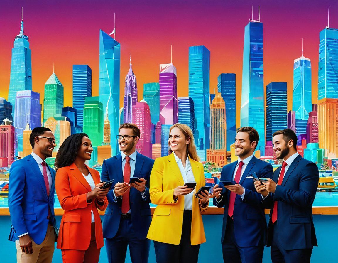 A dynamic scene depicting a diverse group of confident entrepreneurs engaging in successful trade exchanges, showcasing products that symbolize satisfaction and quality. Bright, uplifting colors radiate positivity, with visual elements illustrating technological advancements like digital payments and data analytics. A vibrant city skyline in the background signifies growth and innovation. super-realistic. vibrant colors. high detail.