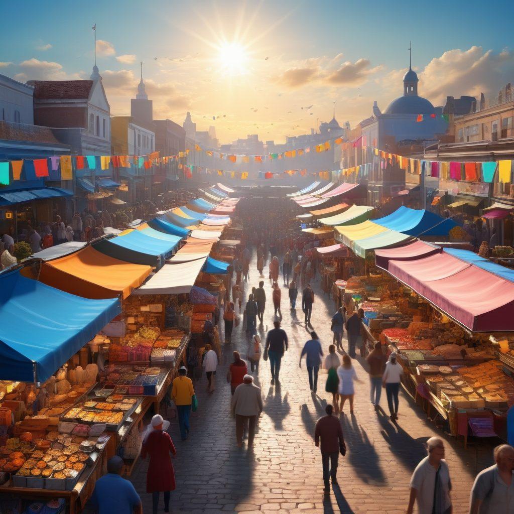 A vibrant and dynamic market scene showcasing people joyfully trading in a bustling marketplace filled with colorful stalls. Include symbols of commerce like coins, charts, and trading screens, emphasizing a sense of community and excitement. Background should have a bright blue sky and rays of sunlight illuminating the scene. The overall vibe is energetic and uplifting. super-realistic. vibrant colors. 3D.